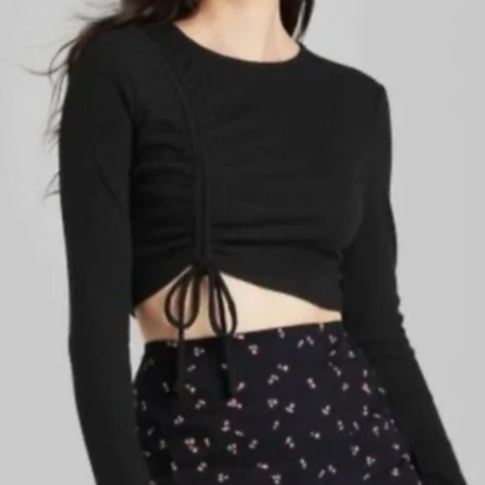 WILD FABLE Top Black Rouched Draw String with Tie Long Sleeve Crop Sz S